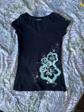 Billabong Black V-Neck Tee with Aqua Floral Graphic